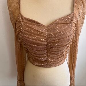 Swiss dot lace long sleeve crop top size medium tan color